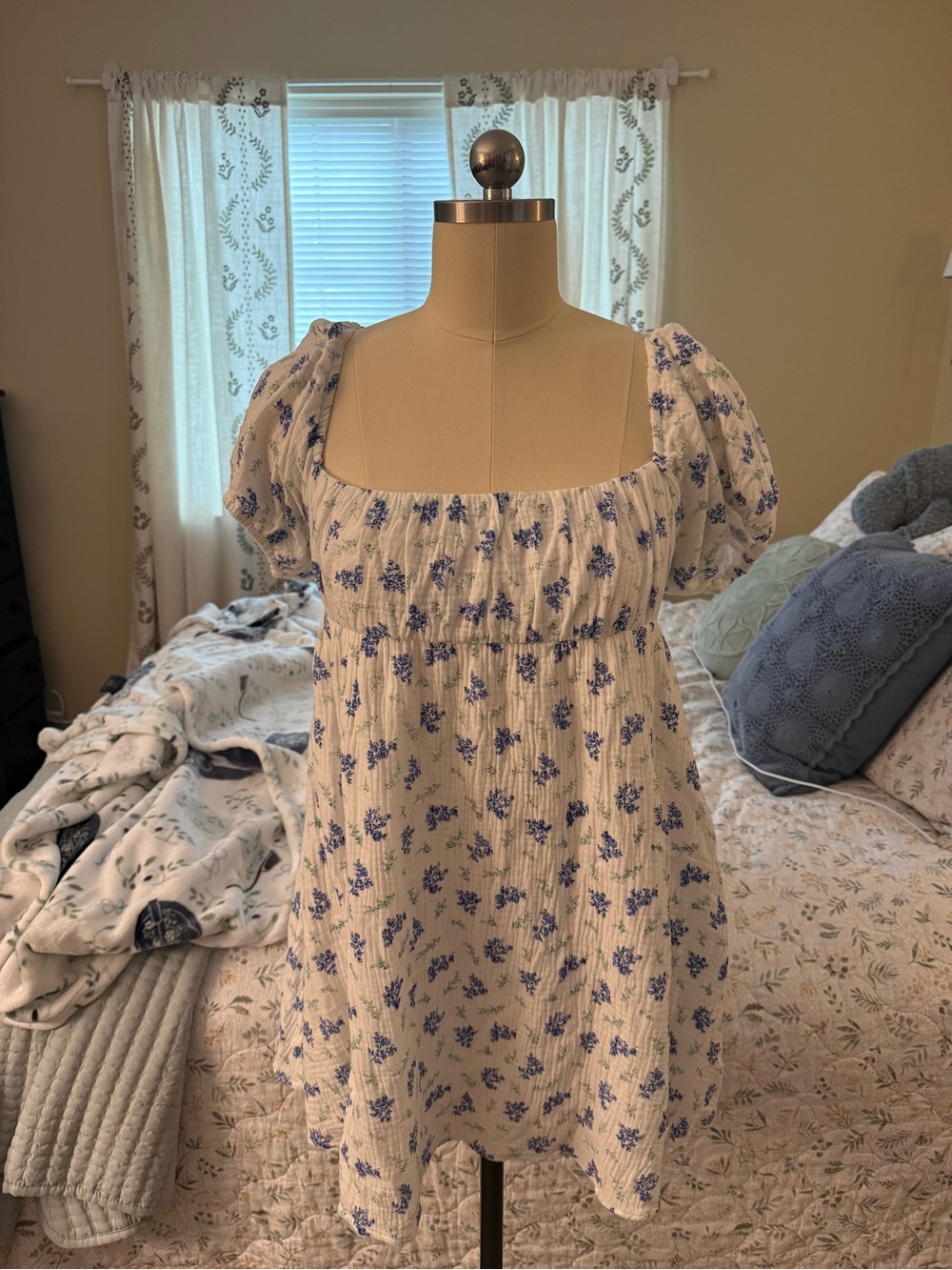 Princess Polly White Mini Cottage Core Dress with Blue Floral Print